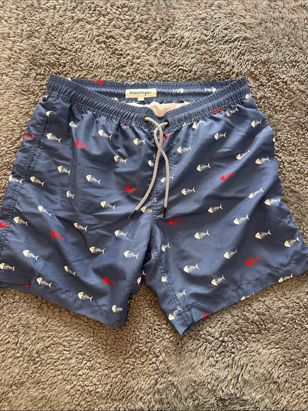 Men's Navy Fish-Print Swim Trunks with Red & White Accents